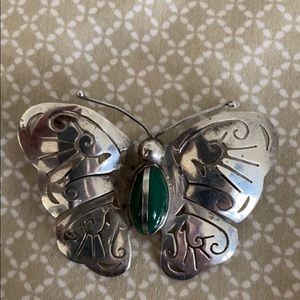 Vintage sterling silver malachite butterfly pin.
